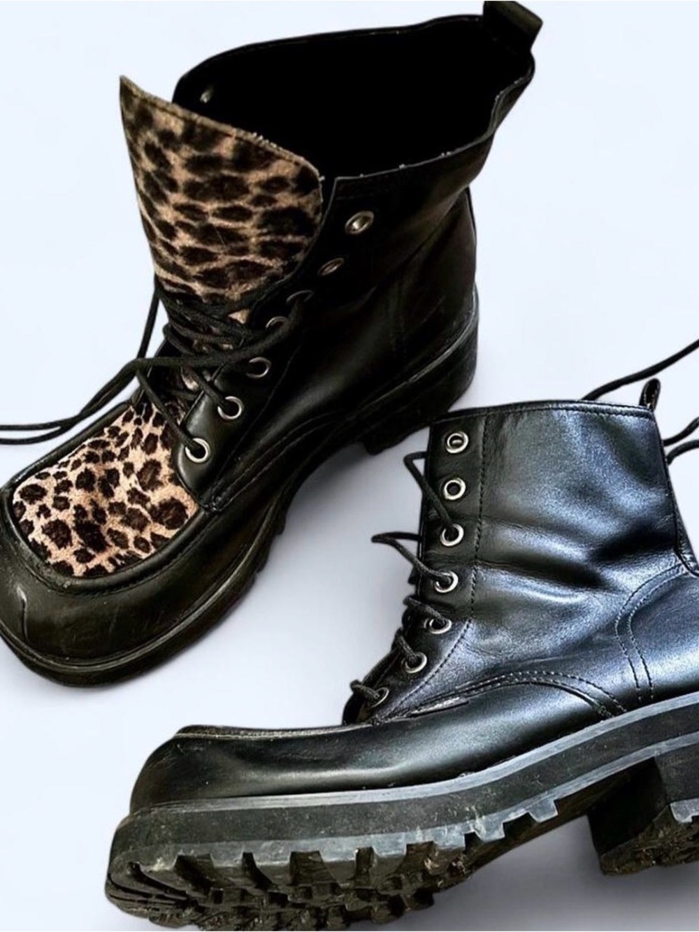 Vintage Mudd Black Combat Boots with Leopard Accent